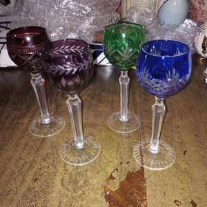 Set of Four Colorful Crystal Wine Glasses